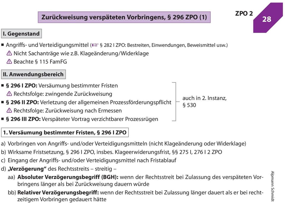 Rechtsfolge: Zurückweisung nach Ermessen 296 III ZPO: Verspäteter Vortrag verzichtbarer Prozessrügen auch in 2. Instanz, 530 1.