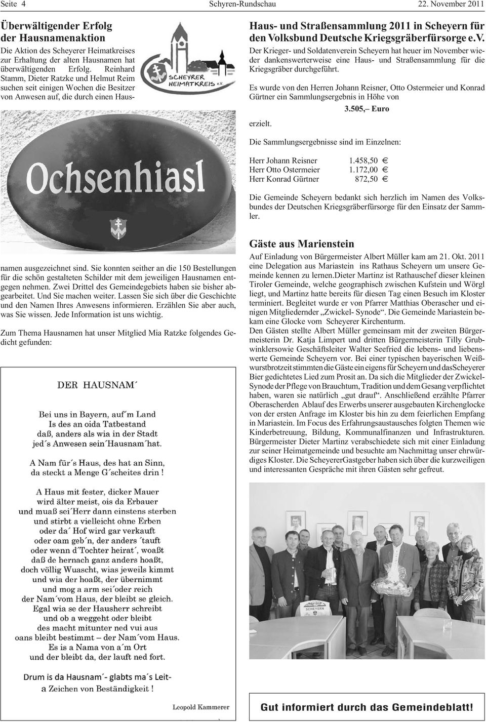 458,50 Herr Otto Ostermeier 1.172,00 Herr Konrad Gürtner 872,50 Die Gemeinde Scheyern bedankt sich herzlich im Namen des Volksbundes der Deutschen Kriegsgräberfürsorge für den Einsatz der Sammler.