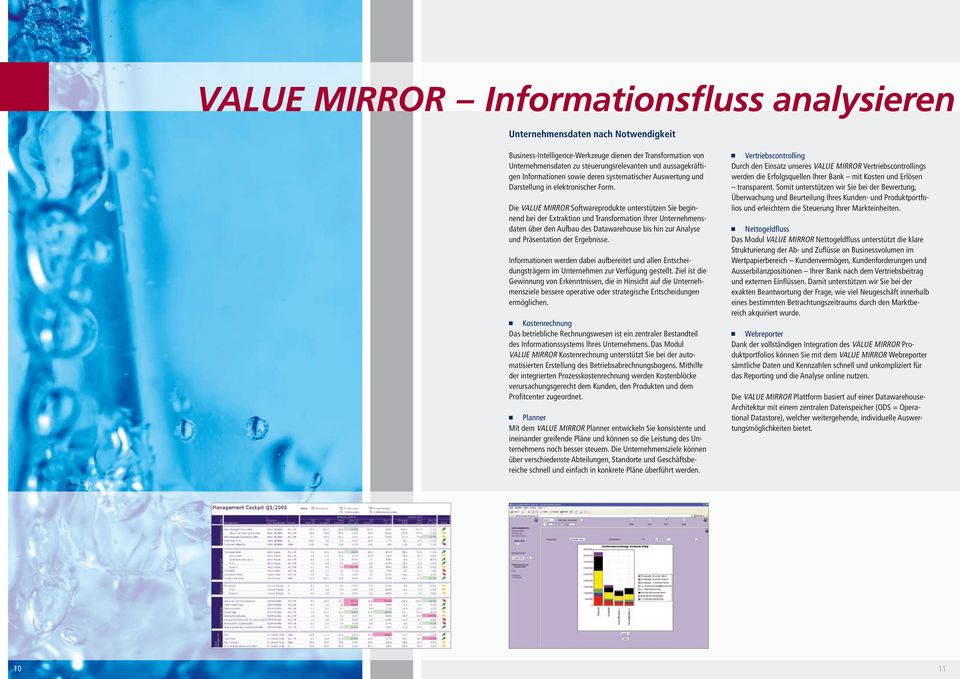 Die Value Mirror Softwareprodukte unterstützen Sie beginnend bei der Extraktion und Transformation Ihrer Unternehmensdaten über den Aufbau des Datawarehouse bis hin zur Analyse und Präsentation der