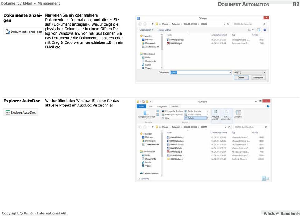WinJur zeigt die physischen Dokumente in einem Öffnen Dialog von Windows an.