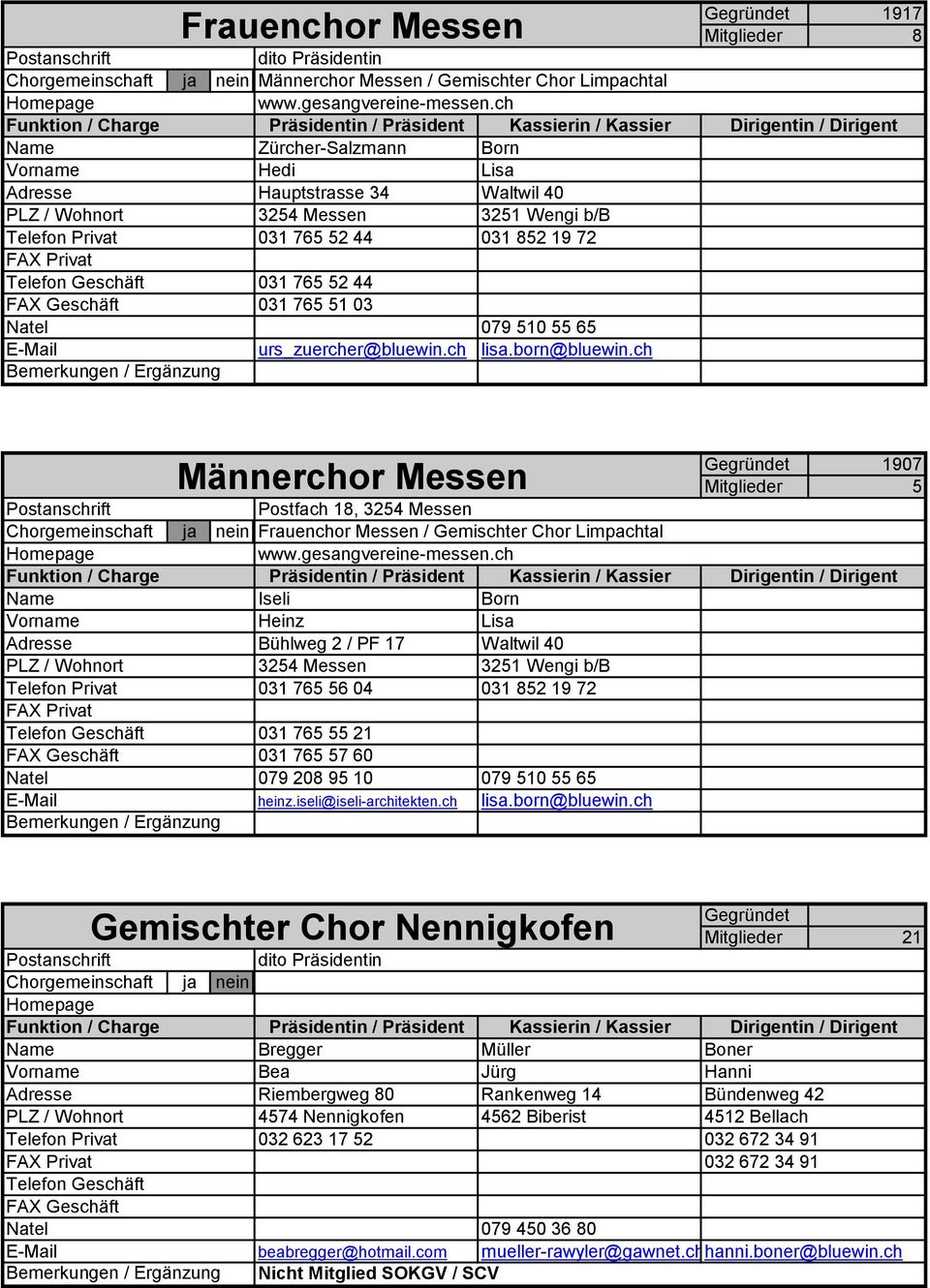 born@bluewin.ch Gegründet 1917 Mitglieder 8 Männerchor Messen Postfach 18, 3254 Messen Frauenchor Messen / Gemischter Chor Limpachtal www.gesangvereine-messen.
