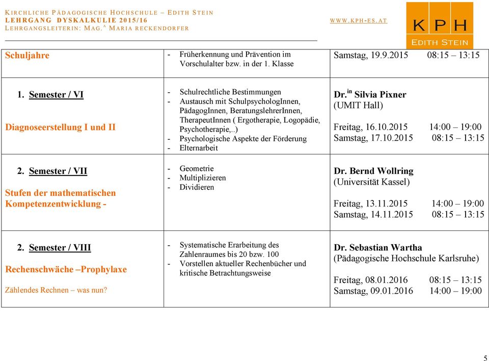 Logopädie, Psychotherapie,..) - Psychologische Aspekte der Förderung - Elternarbeit - Geometrie - Multiplizieren - Dividieren Dr. in Silvia Pixner (UMIT Hall) Freitag, 16.10.