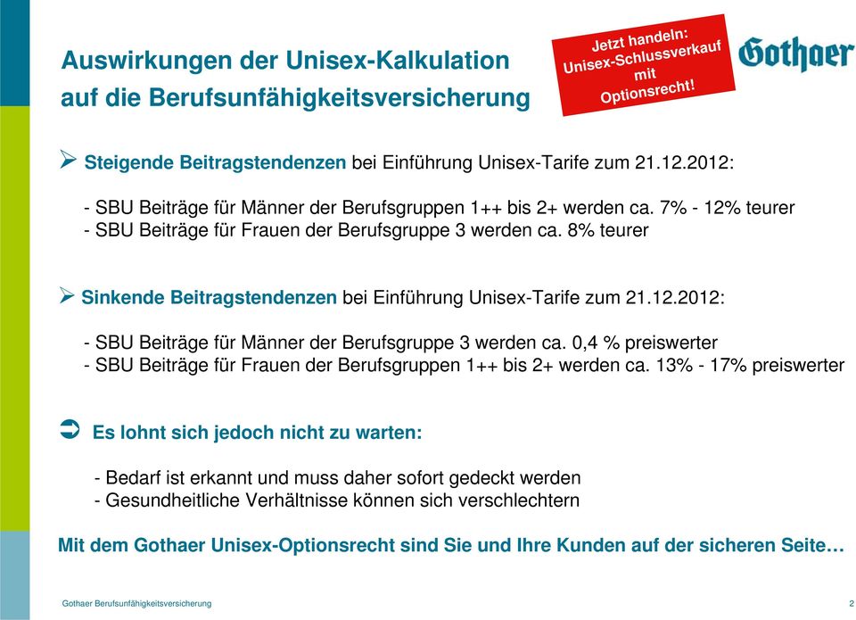 8% teurer Sinkende Beitragstendenzen bei Einführung Unisex-Tarife zum 21.12.2012: - SBU Beiträge für Männer der Berufsgruppe 3 werden ca.