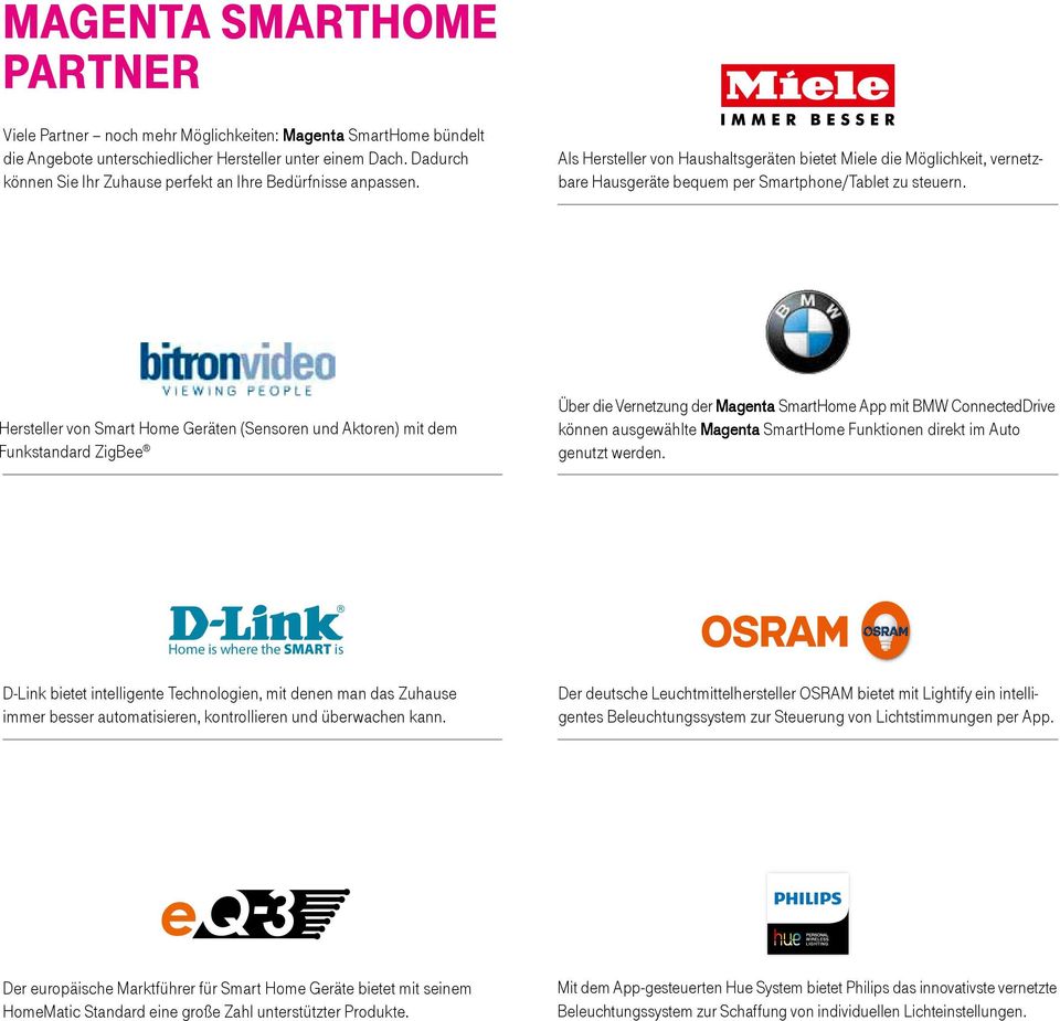 Hersteller von Smart Home Geräten (Sensoren und Aktoren) mit dem Funkstandard ZigBee Über die Vernetzung der Magenta SmartHome App mit BMW ConnectedDrive können ausgewählte Magenta SmartHome