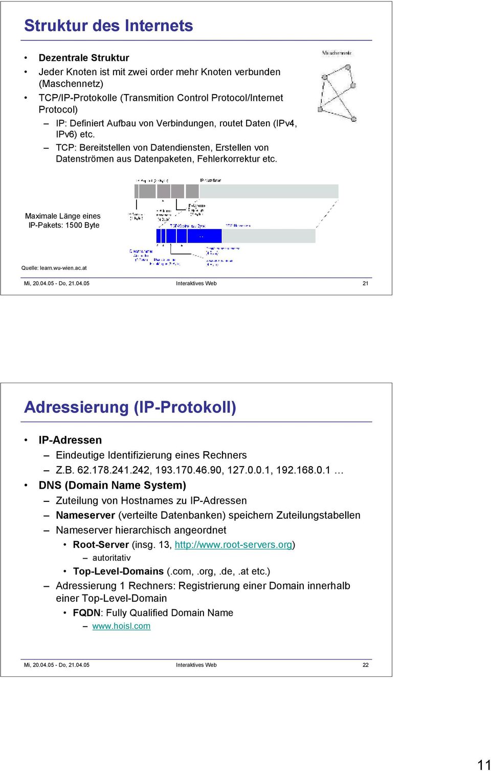 Maximale Länge eines IP-Pakets: 1500 Byte Quelle: learn.wu-wien.ac.at Mi, 20.04.05 - Do, 21.04.05 Interaktives Web 21 Adressierung (IP-Protokoll) IP-Adressen Eindeutige Identifizierung eines Rechners Z.