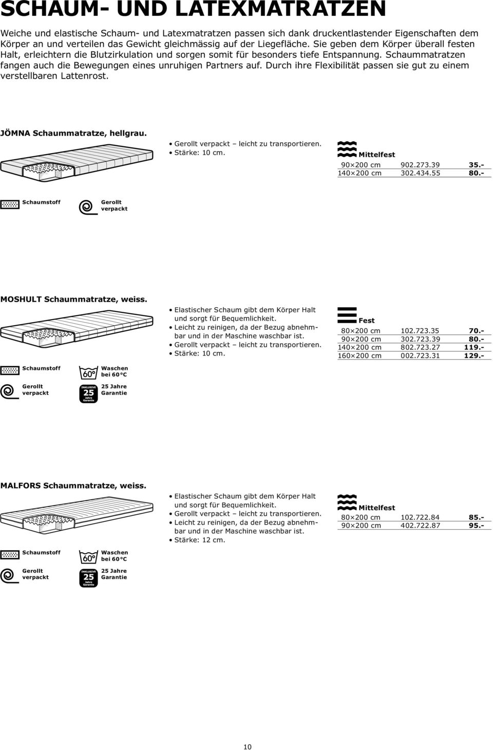 Durch ihre Flexibilität passen sie gut zu einem verstellbaren Lattenrost. JÖMNA Schaummatratze, hellgrau. leicht zu transportieren. Stärke: 10 cm. 90 200 cm 902.273.39 35.- 140 200 cm 302.434.55 80.