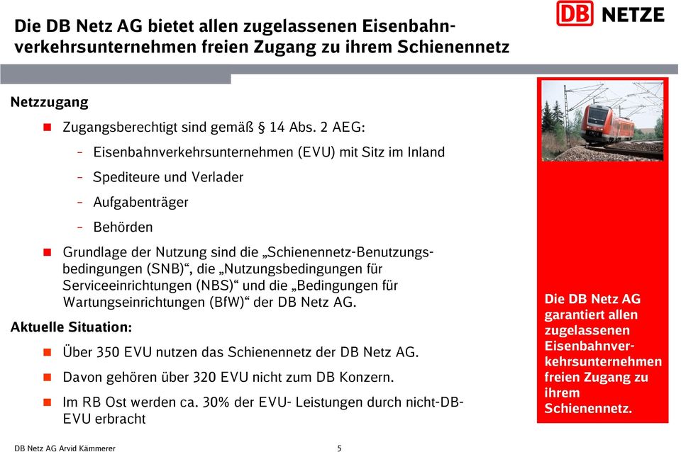 Nutzungsbedingungen für Serviceeinrichtungen (NBS) und die Bedingungen für Wartungseinrichtungen (BfW) der DB Netz AG. Aktuelle Situation: Über 350 EVU nutzen das Schienennetz der DB Netz AG.