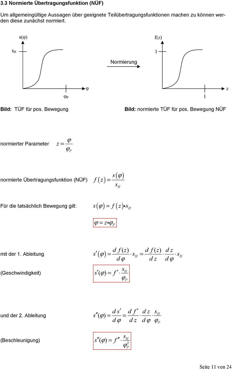 Bewegung NÜF normierter Parameter z = P normierte Übertragungsfunktion (NÜF) f ( z) s = s ( ) H Für die tatsächlich Bewegung gilt: s( ) = f ( z) i sh =