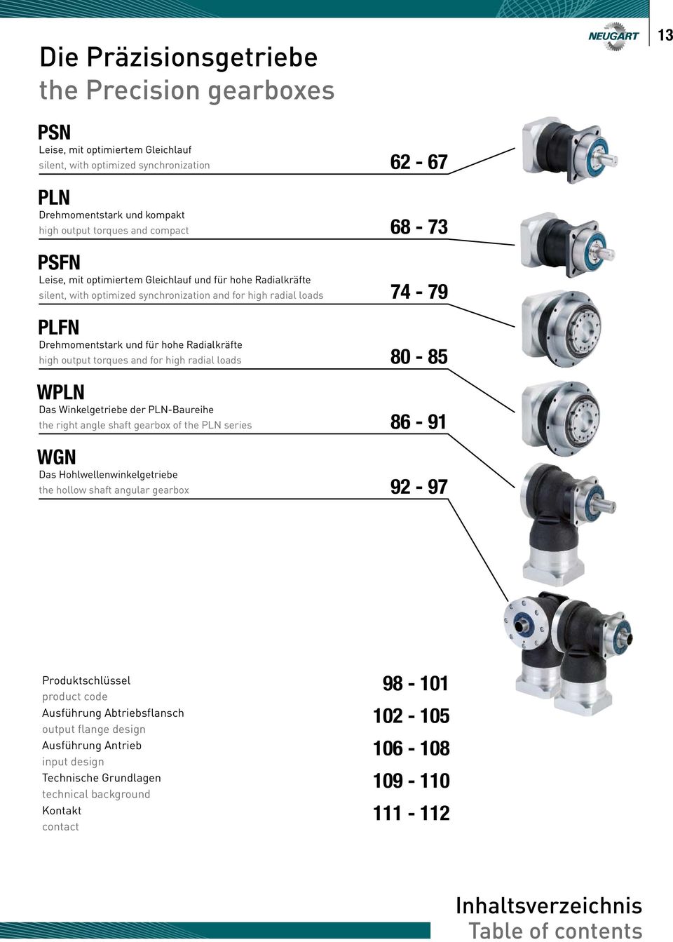 torques and for high radial loads 80 85 WPLN Das Winkelgetriebe der PLNBaureihe the right angle shaft gearbox of the PLN series 86 9 WGN Das Hohlwellenwinkelgetriebe the hollow shaft angular gearbox