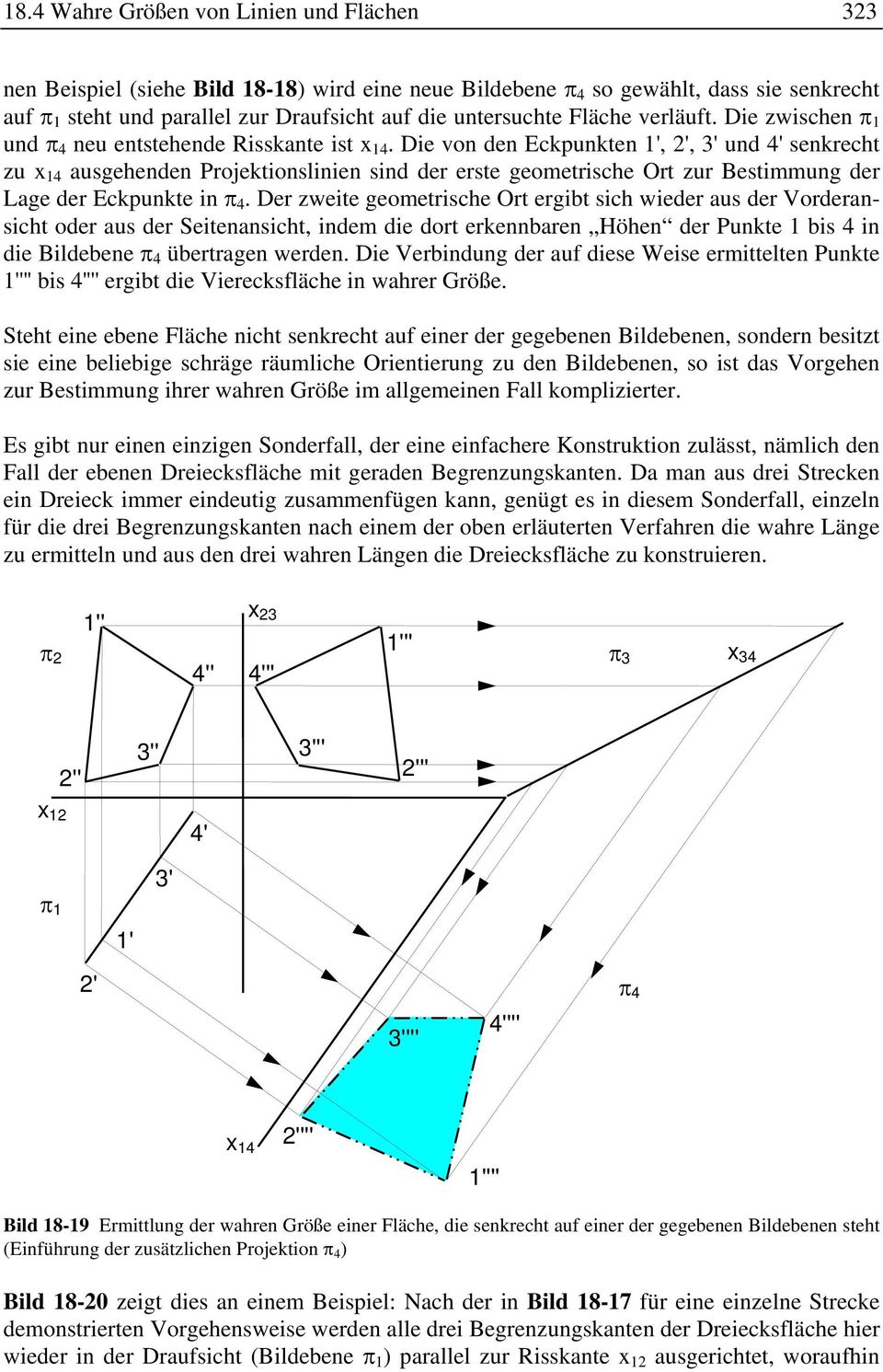 Die von den Eckpunkten ', ', 3' und 4' senkrecht zu x 4 ausgehenden Projektionslinien sind der erste geometrische Ort zur Bestimmung der Lage der Eckpunkte in π 4.