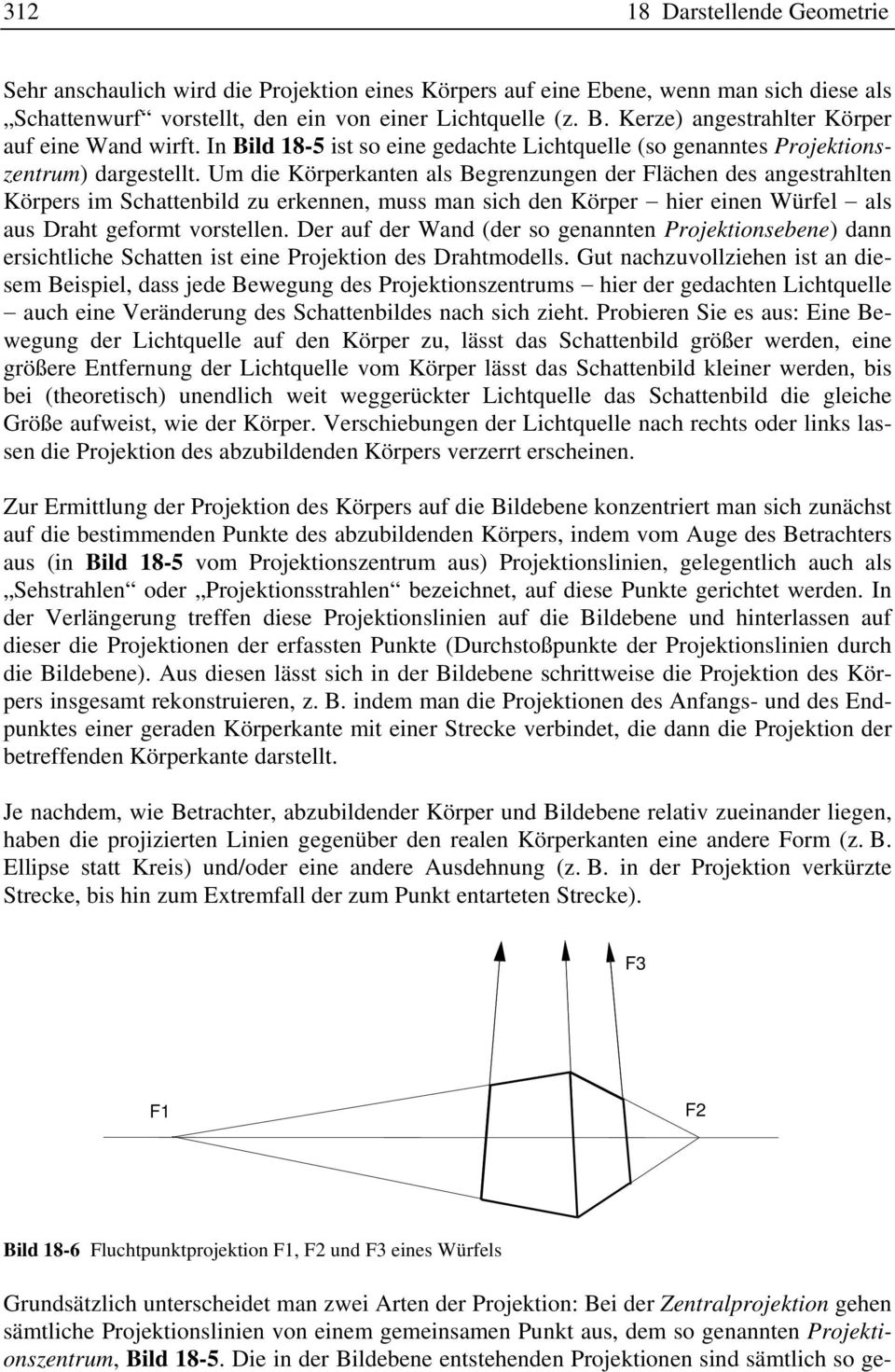 Um die Körperkanten als Begrenzungen der Flächen des angestrahlten Körpers im Schattenbild zu erkennen, muss man sich den Körper hier einen Würfel als aus Draht geformt vorstellen.