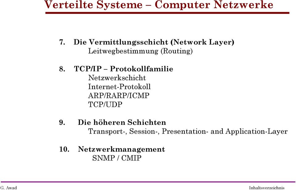 TCP/IP Protokollfamilie Netzwerkschicht Internet-Protokoll ARP/RARP/ICMP TCP/UDP 9.