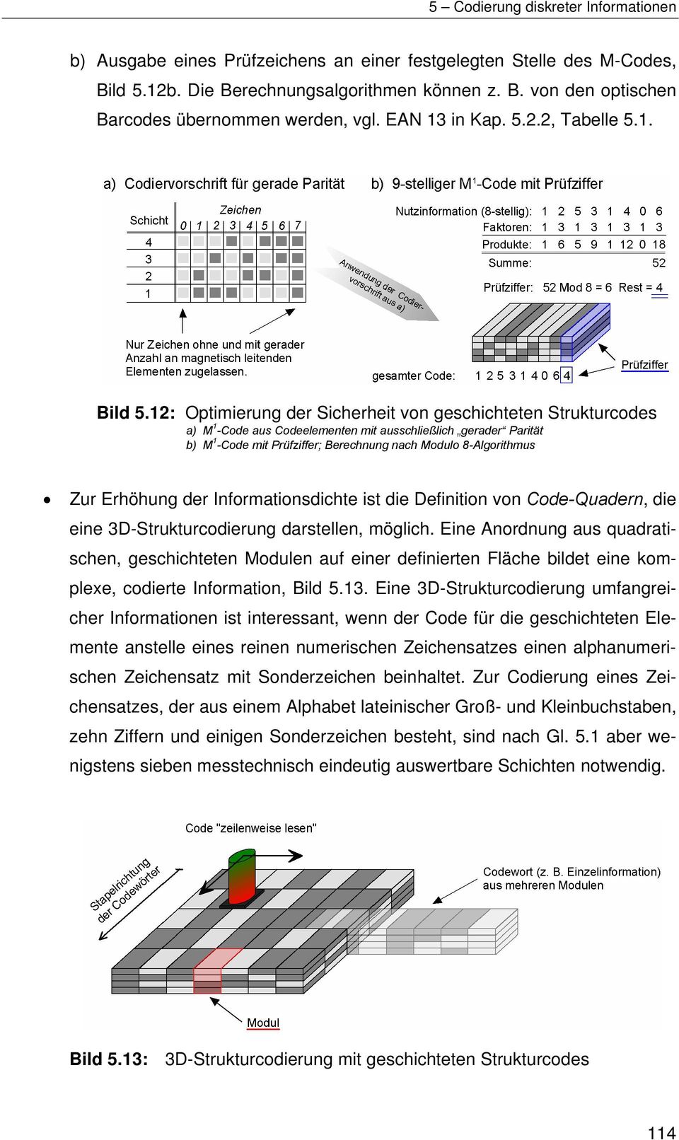 12: Optimierung der Sicherheit von geschichteten Strukturcodes a) M 1 -Code aus Codeelementen mit ausschließlich gerader Parität b) M 1 -Code mit Prüfziffer; Berechnung nach Modulo 8-Algorithmus Zur