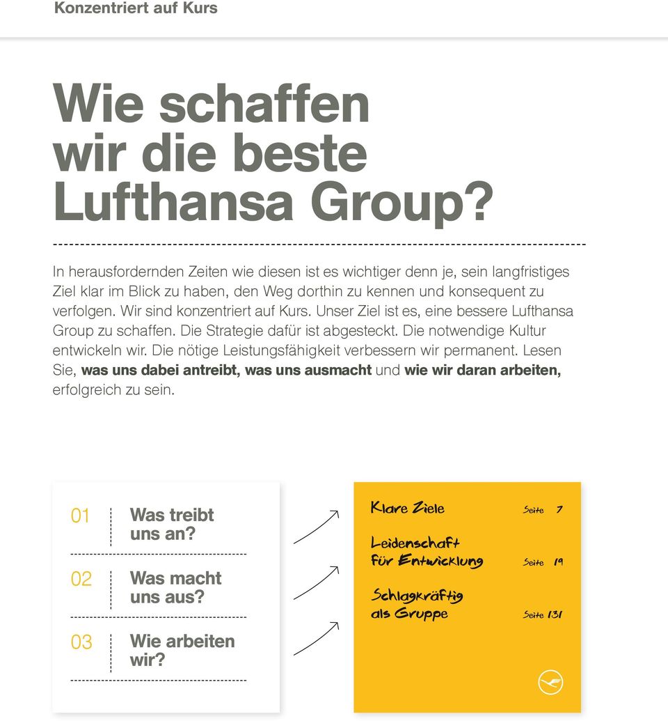 Wir sind konzentriert auf Kurs. Unser Ziel ist es, eine bessere Lufthansa Group zu schaffen. Die Strategie dafür ist abgesteckt. Die notwendige Kultur entwickeln wir.