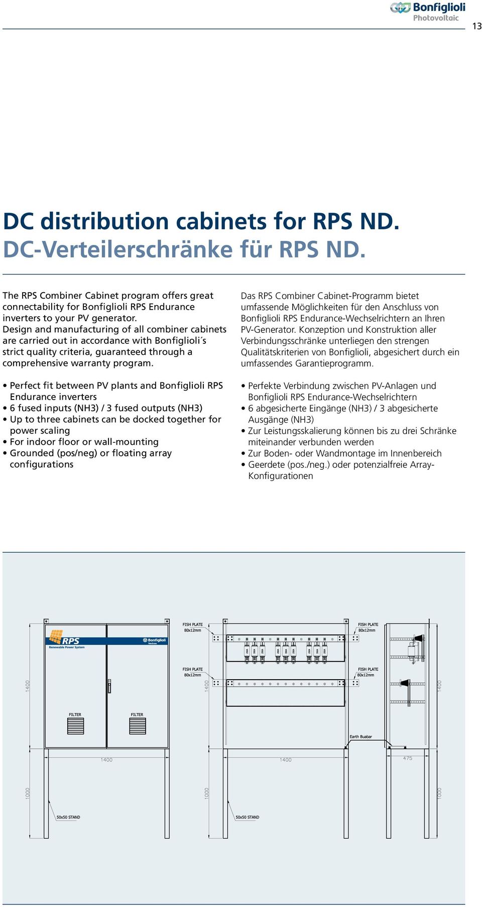 Perfect fit between PV plants and RPS Endurance inverters 6 fused inputs (NH3) / 3 fused outputs (NH3) Up to three cabinets can be docked together for power scaling For indoor floor or wall-mounting