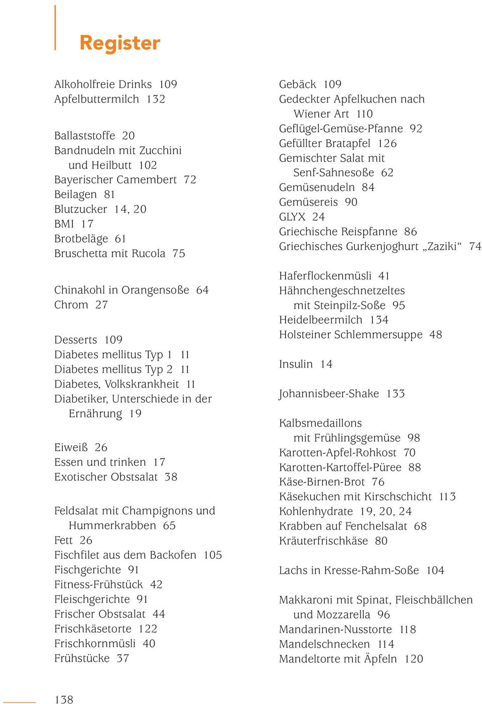 26 Essen und trinken 17 Exotischer Obstsalat 38 Feldsalat mit Champignons und Hummerkrabben 65 Fett 26 Fischfilet aus dem Backofen 105 Fischgerichte 91 Fitness-Frühstück 42 Fleischgerichte 91