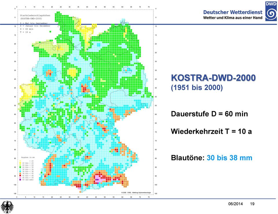 Wiederkehrzeit T = 10 a 75 75 80 80 Angaben in mm 85 85 < 22 22 bis < 24 24 bis < 26 90 26 bis < 30 90 30 bis < 34 34 bis < 38 38 bis < 42 95 42 bis <