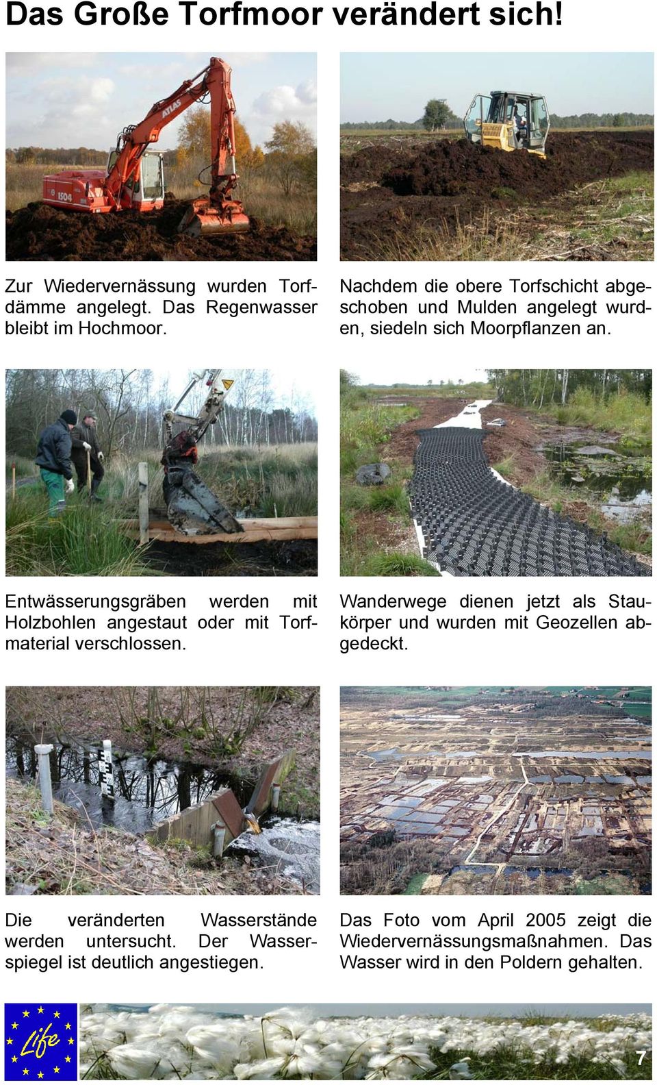Entwässerungsgräben werden mit Holzbohlen angestaut oder mit Torfmaterial verschlossen.