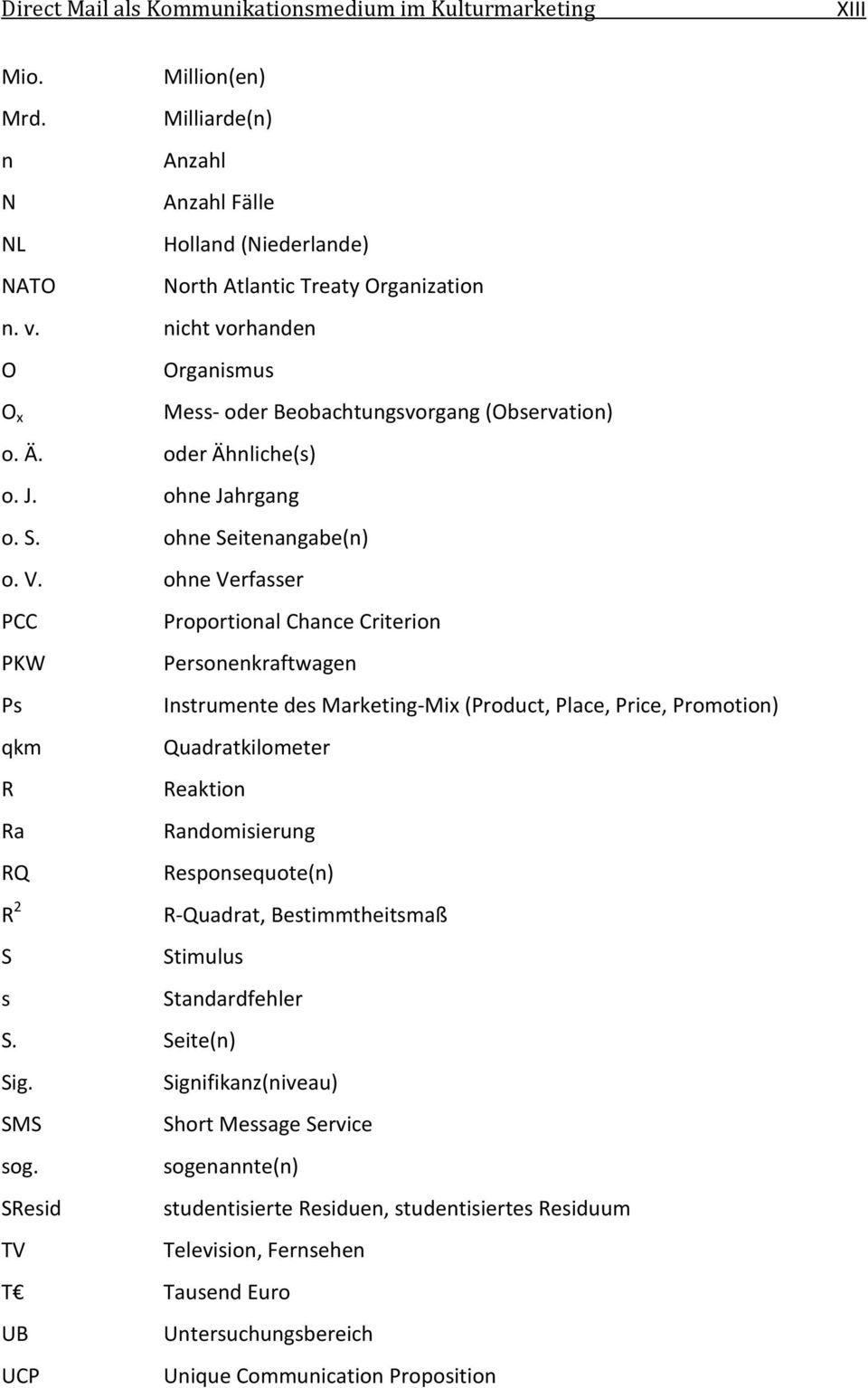 ohne Verfasser PCC Proportional Chance Criterion PKW Personenkraftwagen Ps Instrumente des Marketing-Mix (Product, Place, Price, Promotion) qkm Quadratkilometer R Reaktion Ra Randomisierung RQ