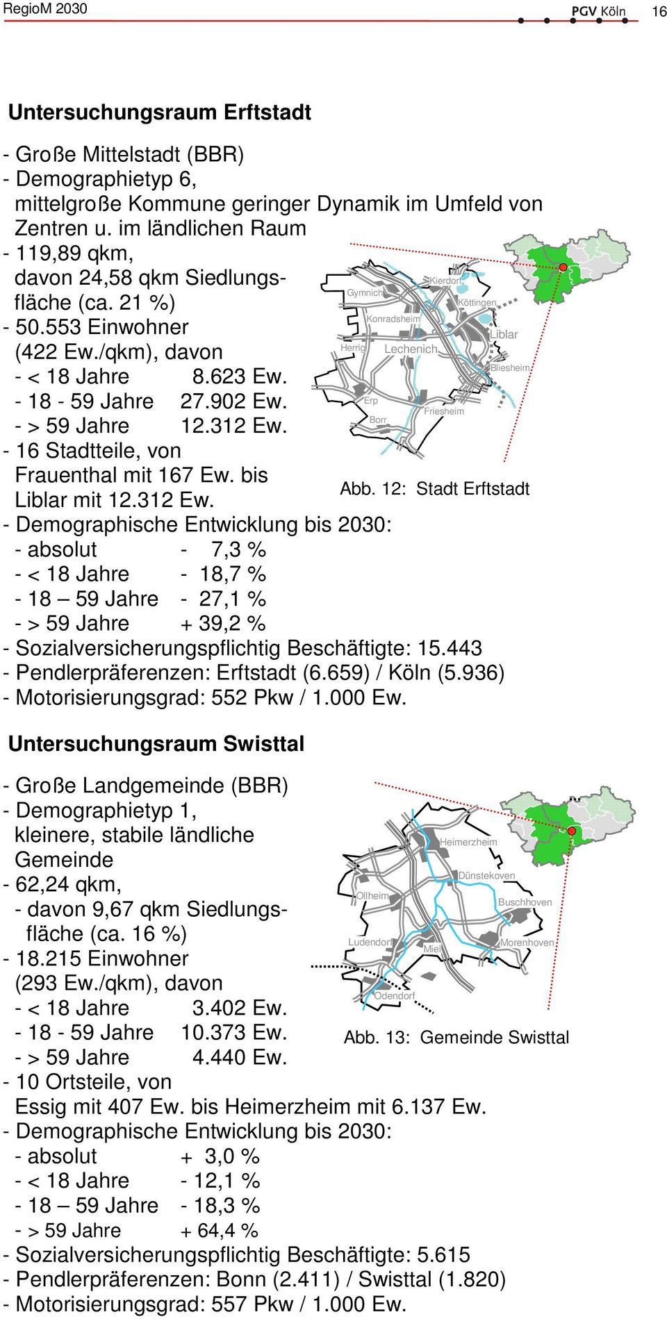 - 16 Stadtteile, von Frauenthal mit 167 Ew. bis Liblar mit 12.312 Ew.