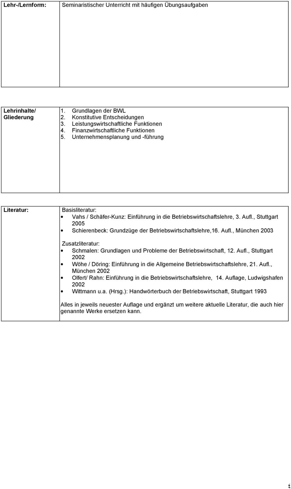 , Stuttgart 2005 Schierenbeck: Grundzüge der Betriebswirtschaftslehre,16. Aufl., München 2003 Zusatzliteratur: Schmalen: Grundlagen und Probleme der Betriebswirtschaft, 12. Aufl., Stuttgart 2002 Wöhe / Döring: Einführung in die Allgemeine Betriebswirtschaftslehre, 21.