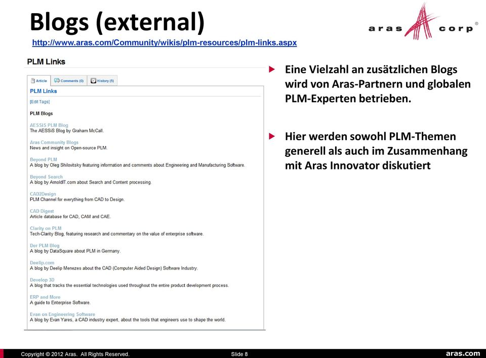 aspx Eine Vielzahl an zusätzlichen Blogs wird von Aras-Partnern und