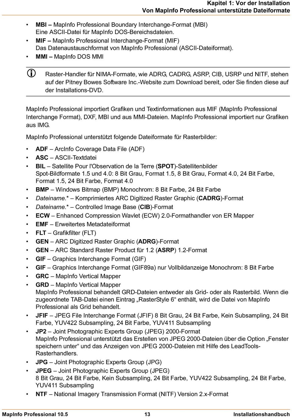 MMI MapInfo DOS MMI i Raster-Handler für NIMA-Formate, wie ADRG, CADRG, ASRP, CIB, USRP und NITF, stehen auf der Pitney Bowes Software Inc.