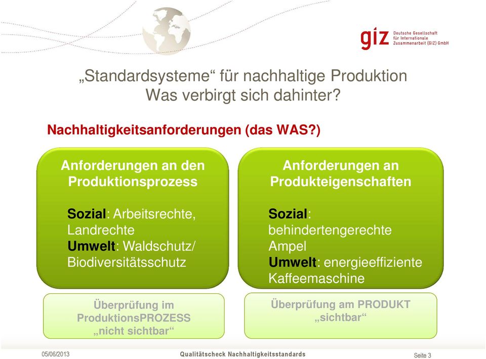 ) Anforderungen an den Produktionsprozess Sozial: Arbeitsrechte, Landrechte Umwelt: Waldschutz/