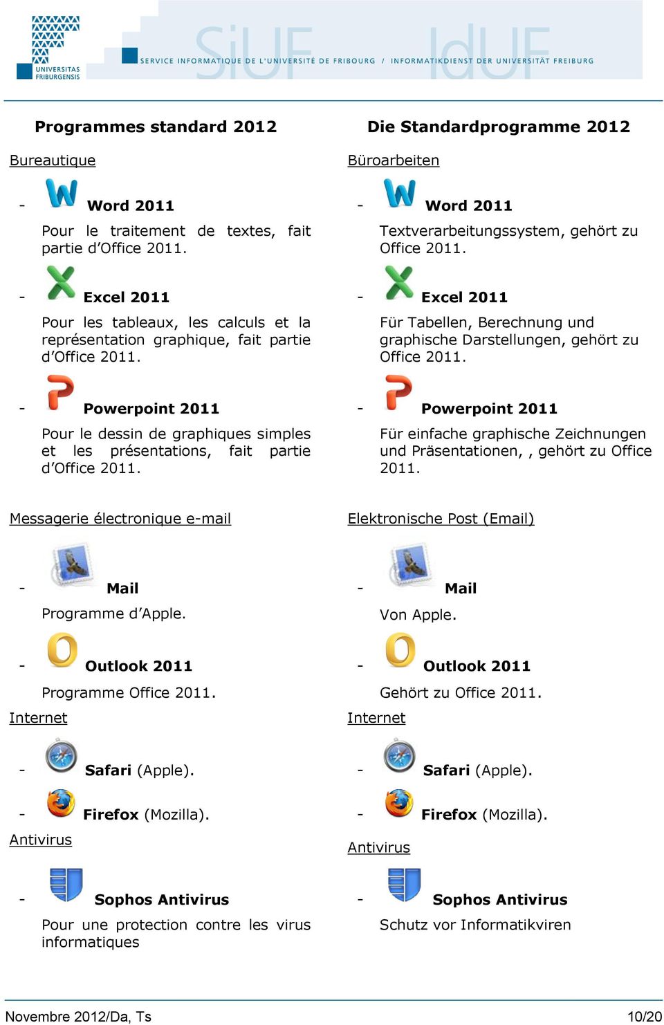 - Excel 2011 Für Tabellen, Berechnung und graphische Darstellungen, gehört zu Office 2011. - Powerpoint 2011 Pour le dessin de graphiques simples et les présentations, fait partie d Office 2011.