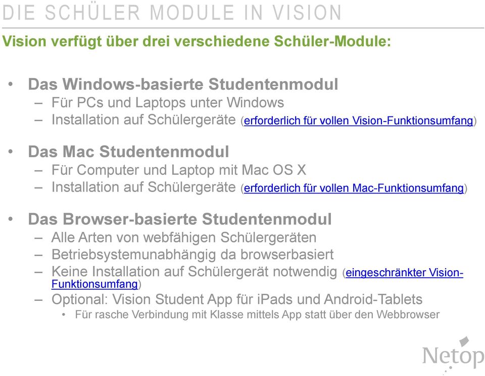 (erforderlich für vollen Mac-Funktionsumfang) Das Browser-basierte Studentenmodul Alle Arten von webfähigen Schülergeräten Betriebsystemunabhängig da browserbasiert Keine