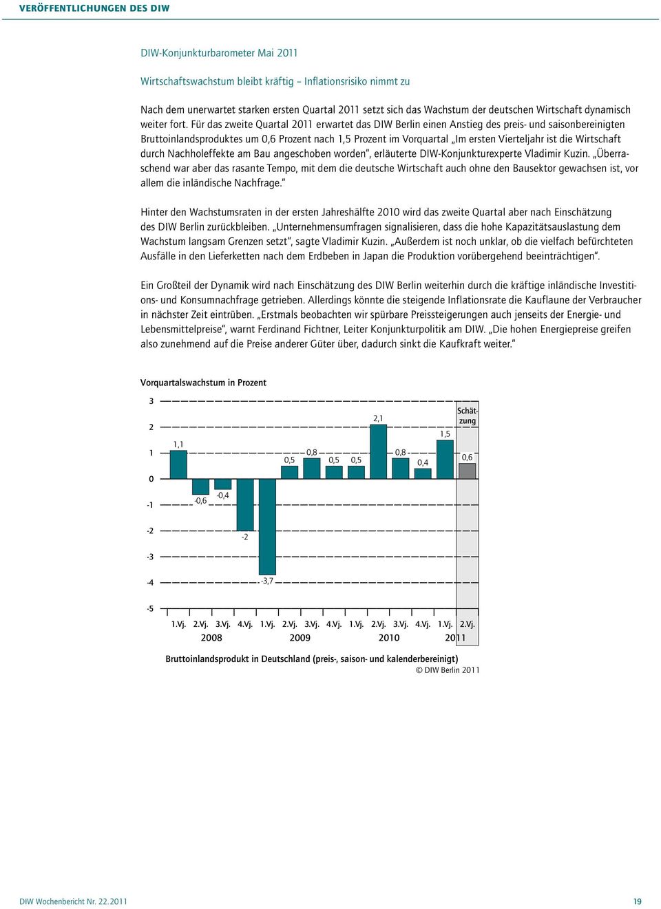 Für das zweite Quartal 2011 erwartet das DIW Berlin einen Anstieg des preis- und saisonbereinigten Bruttoinlandsproduktes um 0,6 Prozent nach 1,5 Prozent im Vorquartal Im ersten Vierteljahr ist die