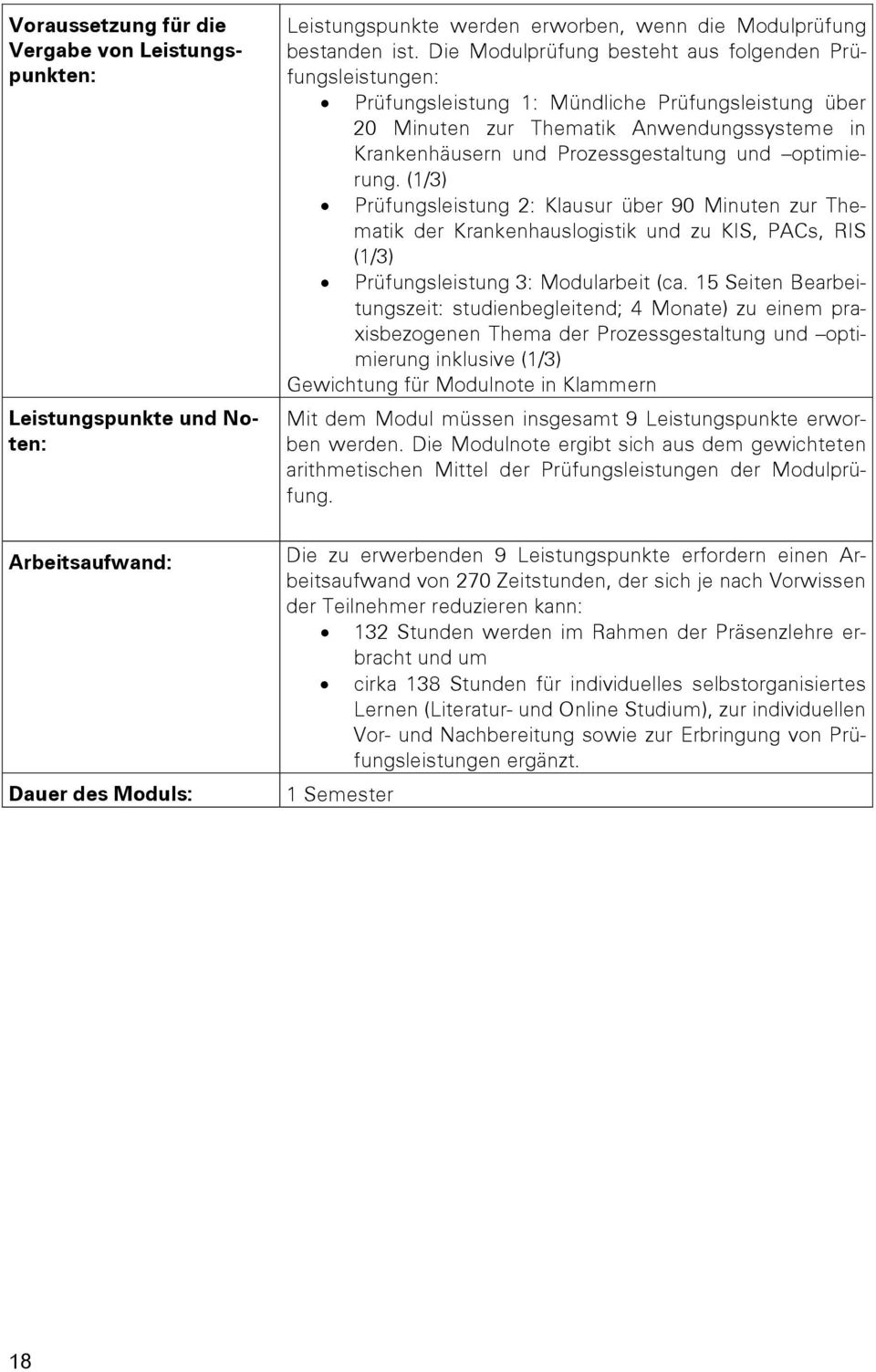 optimierung. (1/3) Prüfungsleistung 2: Klausur über 90 Minuten zur Thematik der Krankenhauslogistik und zu KIS, PACs, RIS (1/3) Prüfungsleistung 3: Modularbeit (ca.