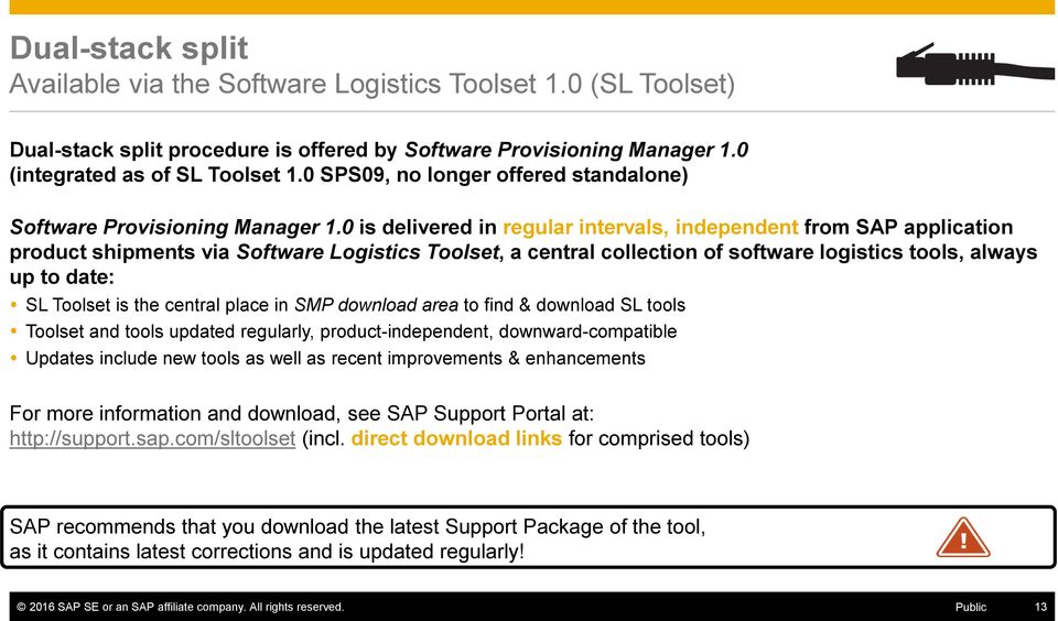 0 is delivered in regular intervals, independent from SAP application product shipments via Software Logistics Toolset, a central collection of software logistics tools, always up to date: SL Toolset