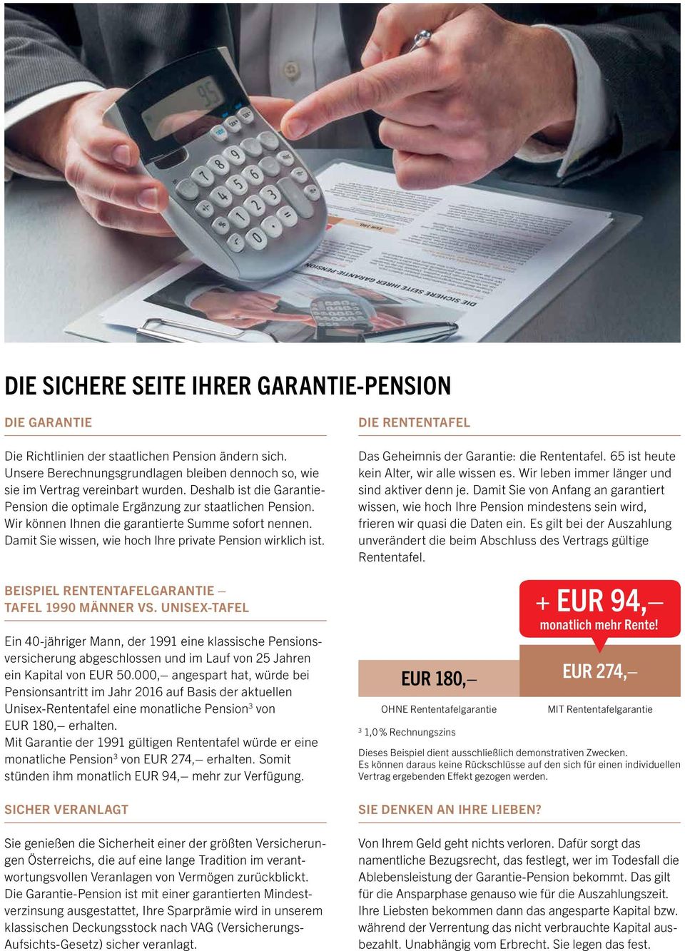 BEISPIEL RENTENTAFELGARANTIE TAFEL 990 MÄNNER VS. UNISEX-TAFEL Ein 40-jähriger Mann, der 99 eine klassische Pensionsversicherung abgeschlossen und im Lauf von 25 Jahren ein Kapital von EUR 50.