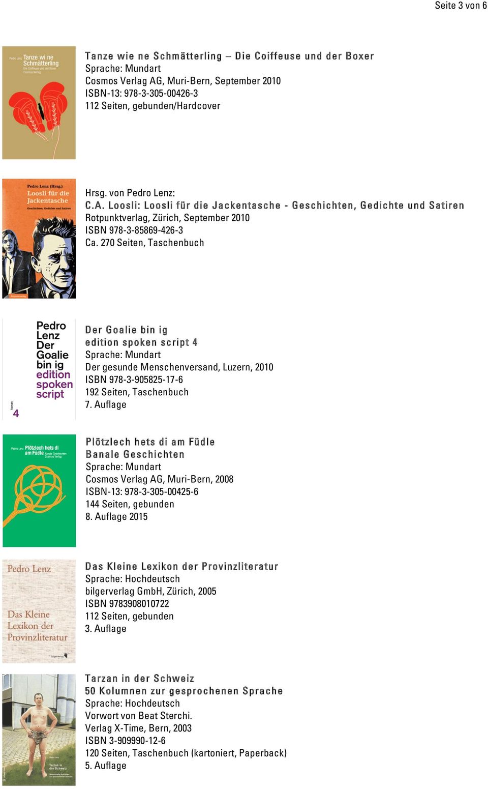 Loosli: Loosli für die Jackentasche - Geschichten, Gedichte und Satiren Rotpunktverlag, Zürich, September 2010 ISBN 978-3-85869-426-3 Ca.