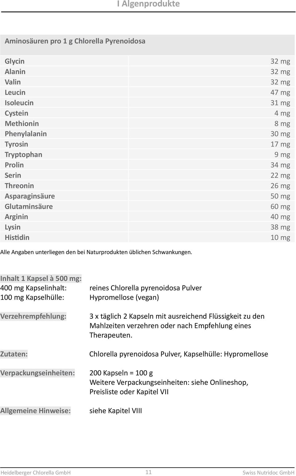 Inhalt 1 Kapsel à 500 mg: 400 mg Kapselinhalt: reines Chlorella pyrenoidosa Pulver 100 mg Kapselhülle: Hypromellose (vegan) Verpackungseinheiten: 3 x täglich 2 Kapseln mit ausreichend Flüssigkeit zu