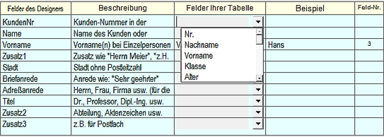 Zuordnung der Spaltenüberschriften Registerseite Felder Der Soziogramm Designer verwendet in der Adressen-Datenbank eigene Spaltenüberschriften.