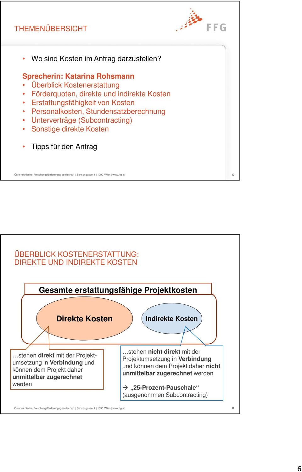 Unterverträge (Subcontracting) Sonstige direkte Kosten Tipps für den Antrag 10 ÜBERBLICK KOSTENERSTATTUNG: DIREKTE UND INDIREKTE KOSTEN Gesamte erstattungsfähige Projektkosten