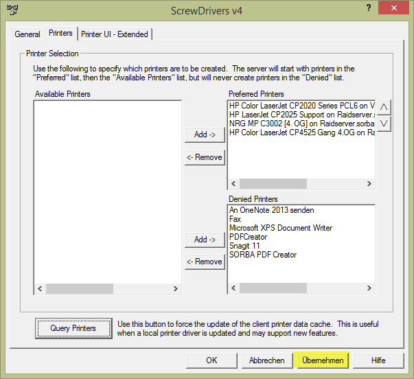 Damit vom ScrewDriver alle angepassten Einstellungen angewandt werden, klick man zum Schluss auf Übernehmen und danach auf OK. 3.