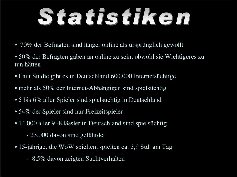 000 Internetsüchtige mehr als 50% der Internet-Abhängigen sind spielsüchtig 5 bis 6% aller Spieler sind spielsüchtig in Deutschland
