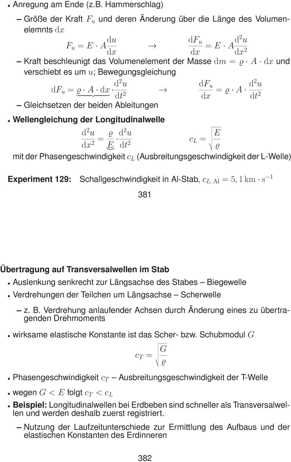 verschiebt es um u; Bewegungsgleichung df u = ϱ A dx d2 u df u }{{} dt 2 dx = ϱ A d2 u dt 2 Gleichsetzen der beiden Ableitungen Wellengleichung der Longitudinalwelle d 2 u dx = ϱ d2 u E c 2 }{{} E dt