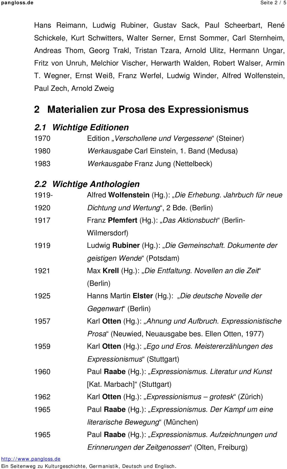 Arnold Ulitz, Hermann Ungar, Fritz von Unruh, Melchior Vischer, Herwarth Walden, Robert Walser, Armin T.