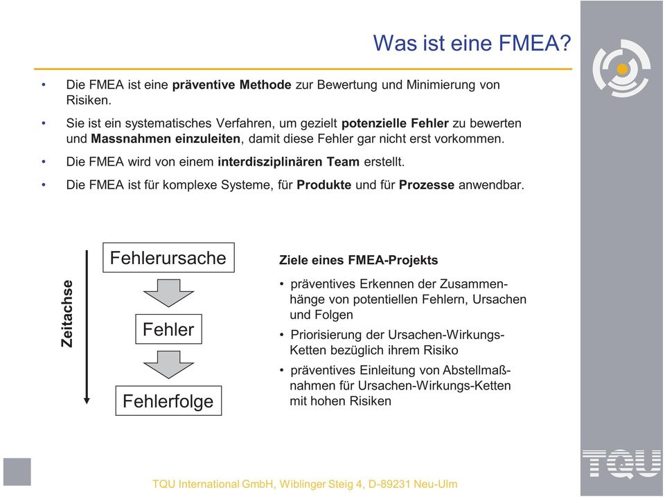 Die FMEA wird von einem interdisziplinären Team erstellt. Die FMEA ist für komplexe Systeme, für Produkte und für Prozesse anwendbar.