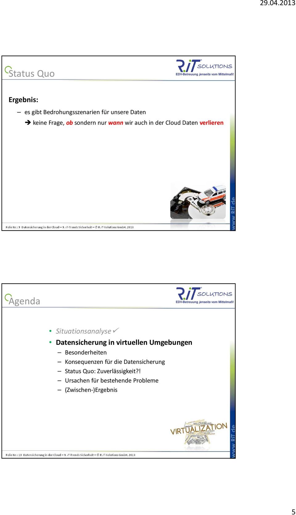 iT-Solutions GmbH, 2013 Agenda Situationsanalyse Datensicherung in virtuellen Umgebungen Besonderheiten Konsequenzen für die
