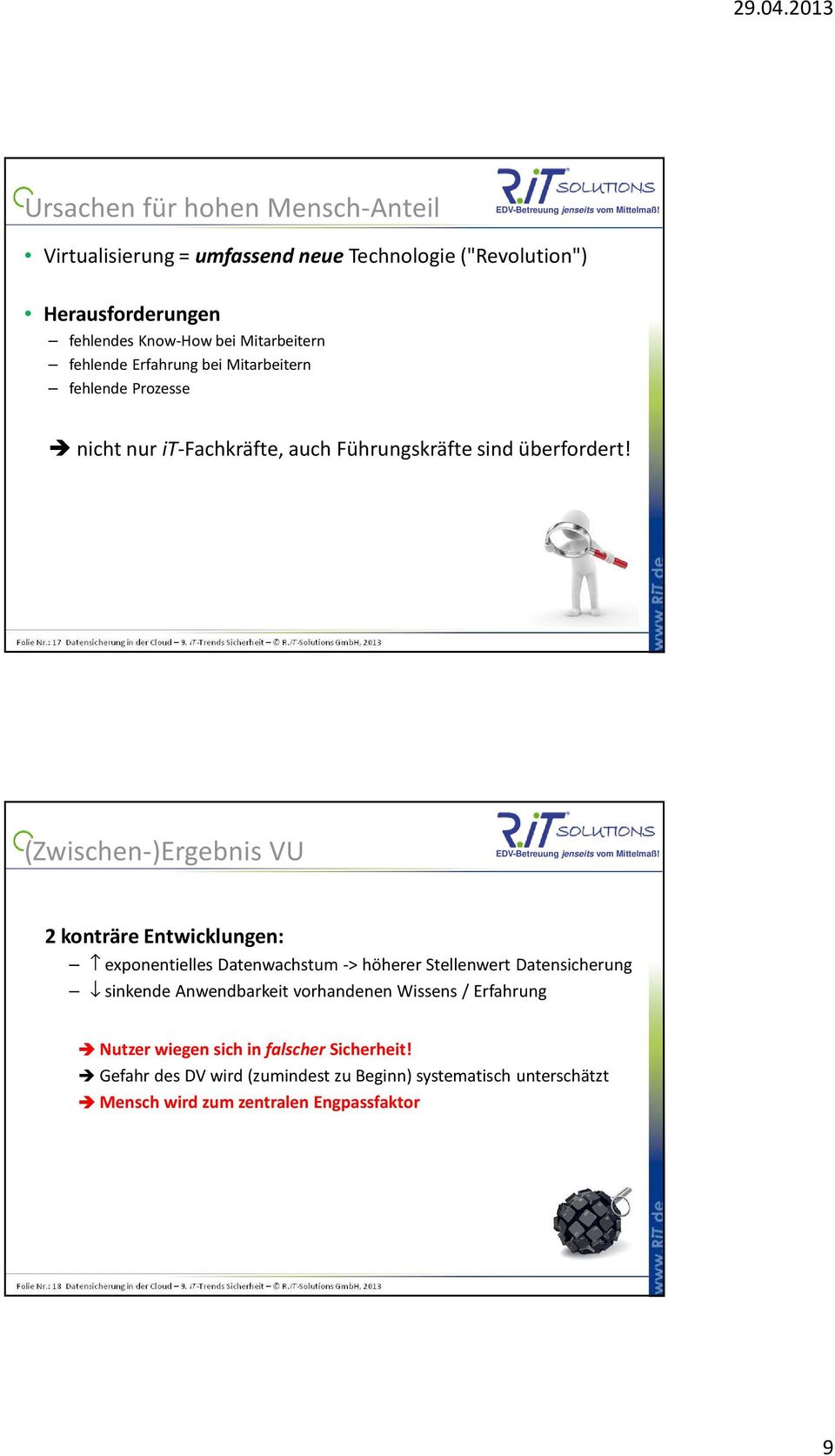 iT-Solutions GmbH, 2013 (Zwischen-)Ergebnis VU 2 konträre Entwicklungen: exponentielles Datenwachstum -> höherer Stellenwert Datensicherung sinkende Anwendbarkeit vorhandenen Wissens /