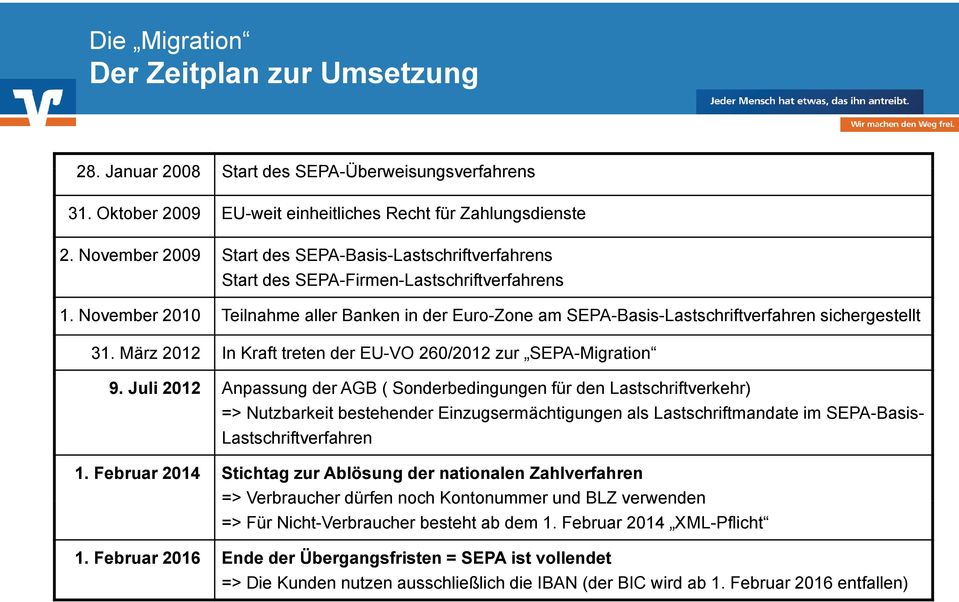 November 2010 Teilnahme aller Banken in der Euro-Zone am SEPA-Basis-Lastschriftverfahren sichergestellt 31. März 2012 In Kraft treten der EU-VO 260/2012 zur SEPA-Migration 9.