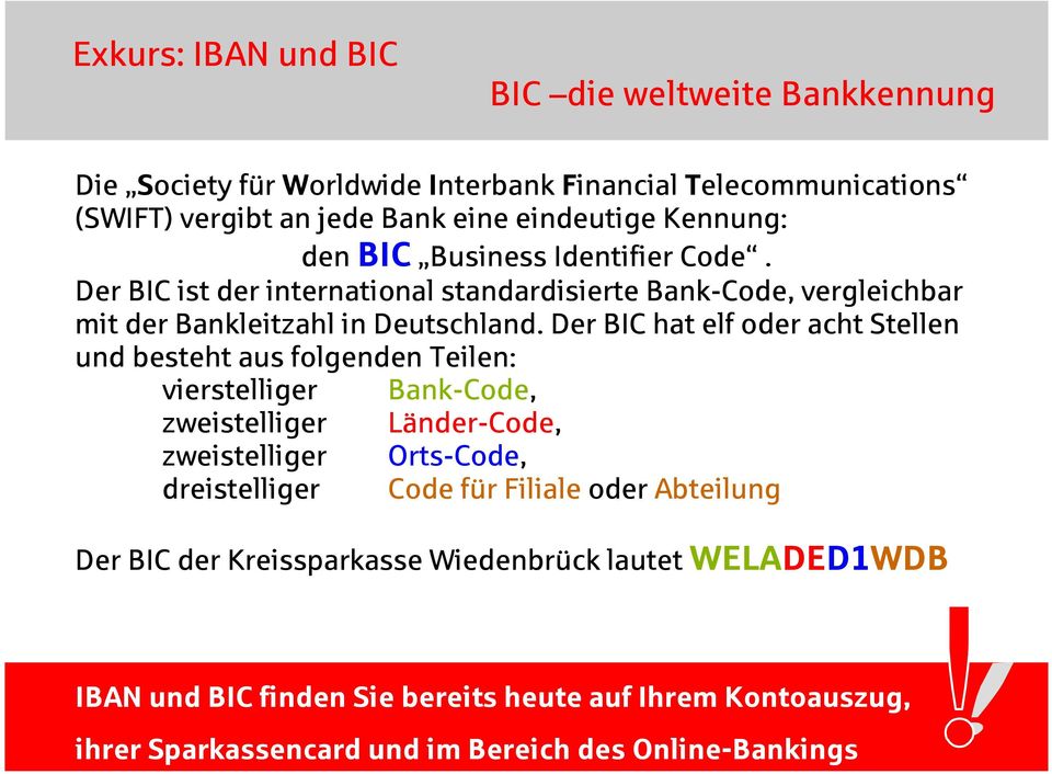 Der BIC hat elf oder acht Stellen und besteht aus folgenden Teilen: vierstelliger Bank-Code, zweistelliger Länder-Code, zweistelliger Orts-Code, dreistelliger Code für