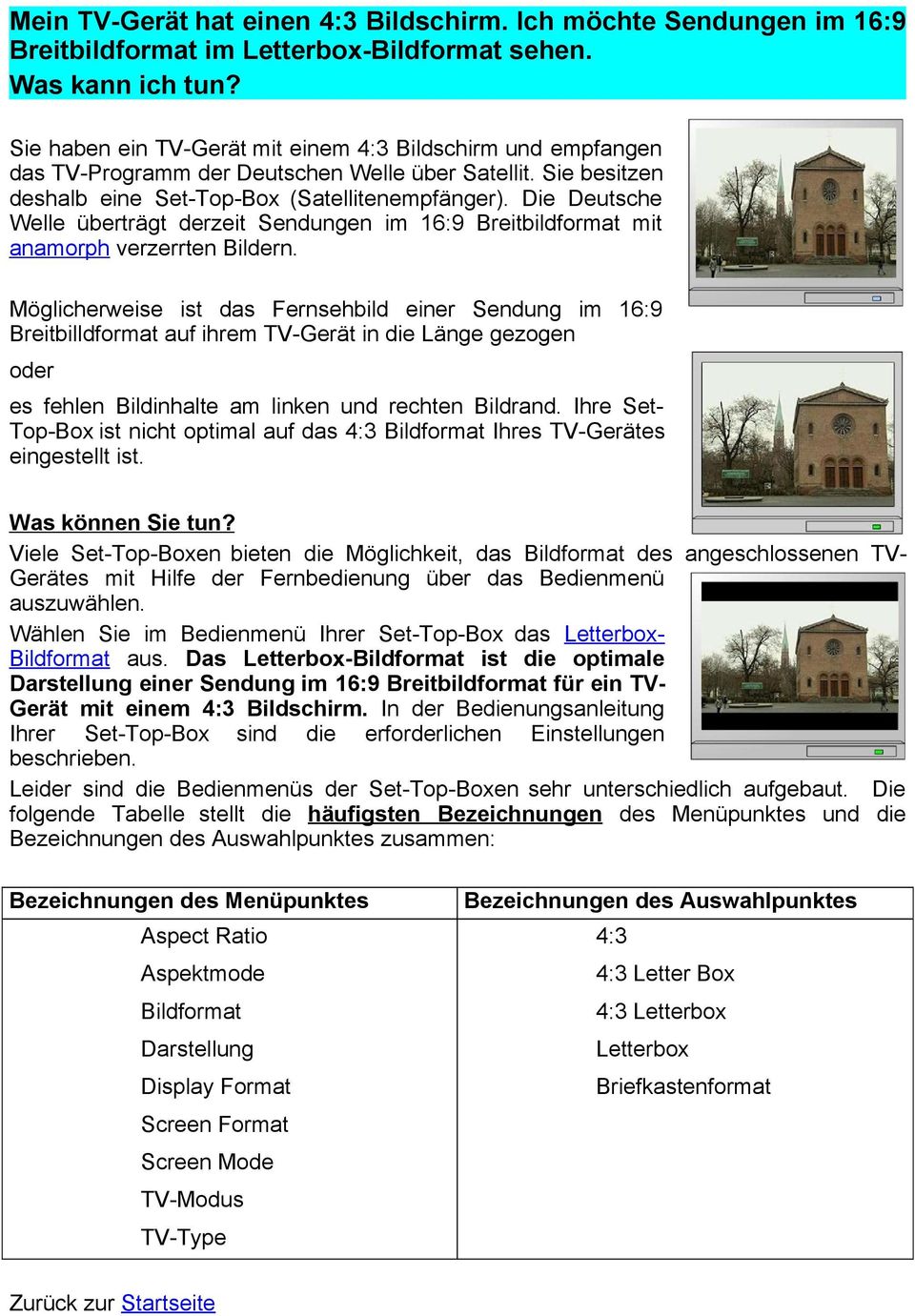 Die Deutsche Welle überträgt derzeit Sendungen im 16:9 Breitbildformat mit anamorph verzerrten Bildern.