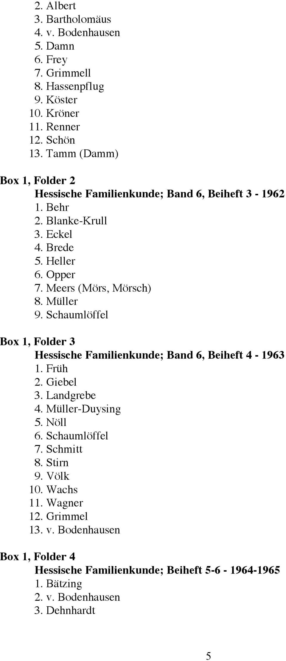 Meers (Mörs, Mörsch) 8. Müller 9. Schaumlöffel Box 1, Folder 3 Hessische Familienkunde; Band 6, Beiheft 4-1963 1. Früh 2. Giebel 3. Landgrebe 4. Müller-Duysing 5.