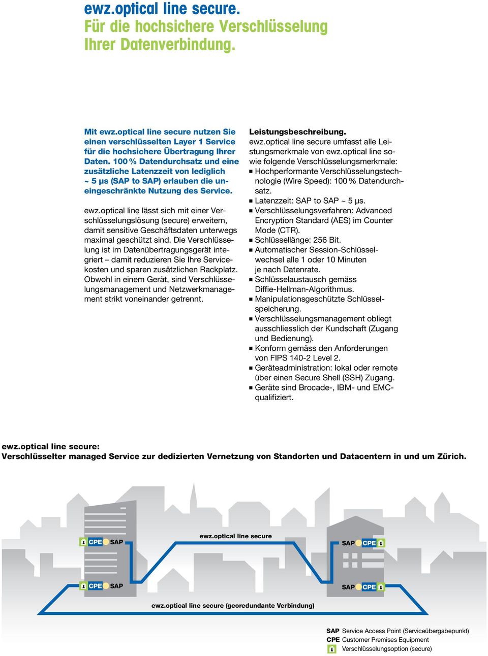 100 % Datendurchsatz und eine zusätzliche Latenzzeit von lediglich ~ 5 μs ( to ) erlauben die uneingeschränkte Nutzung des Service. ewz.